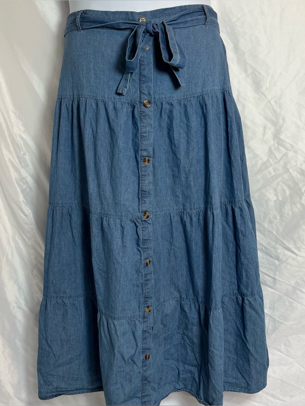 Alice Blue Chambray Denim Tiered Button Front Maxi Skirt L
